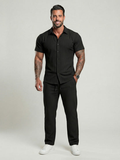 KZZ Men's Two-piece Suit Shirt and Elastic Waist Pants Set