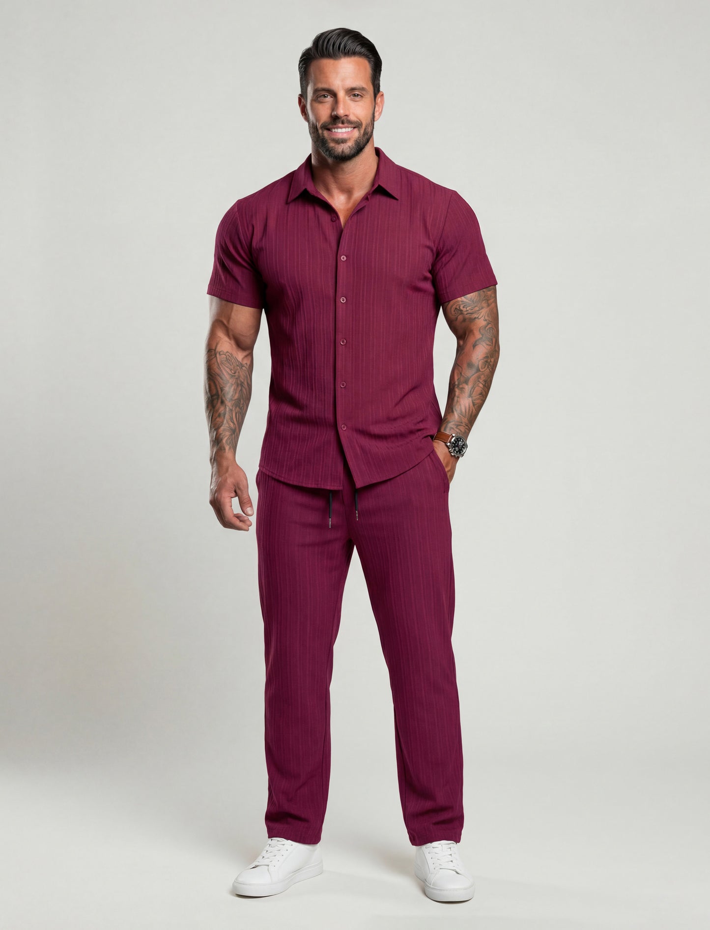 KZZ Men's Two-piece Suit Shirt and Elastic Waist Pants Set
