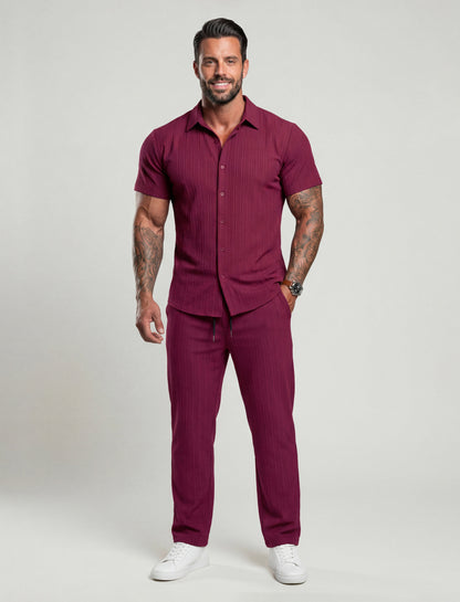 KZZ Men's Two-piece Suit Shirt and Elastic Waist Pants Set