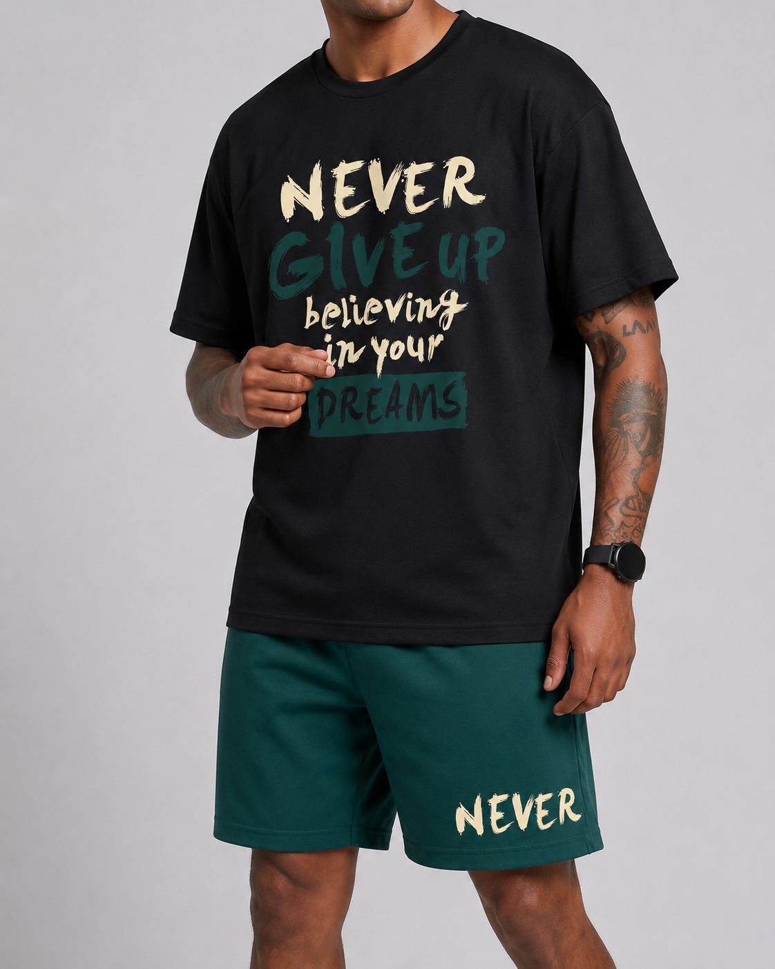KZZ Letter-print color-block crew-neck short-sleeve top and drawstring shorts
