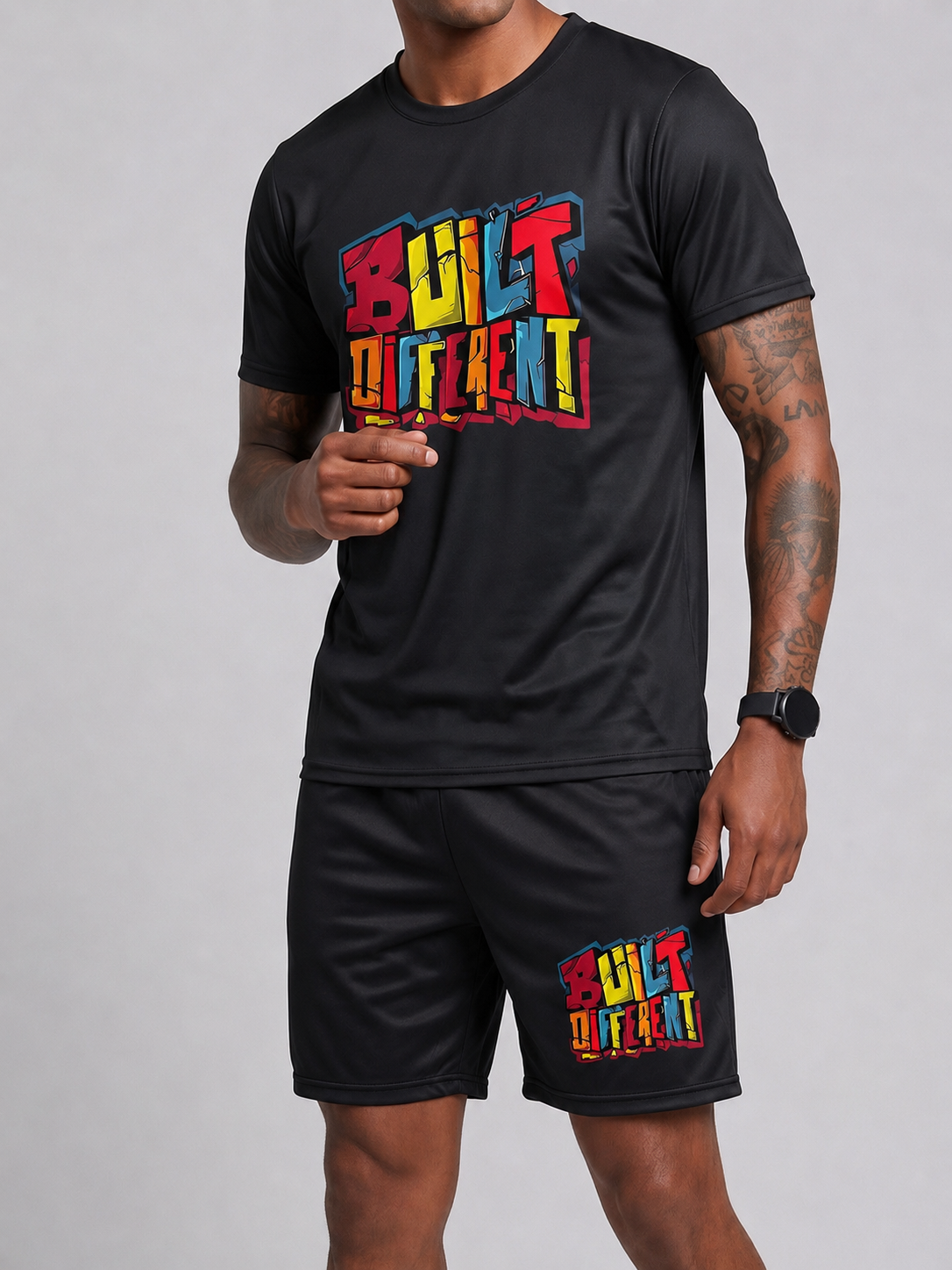 KZZ Letter-print color-block crew-neck short-sleeve top and drawstring shorts