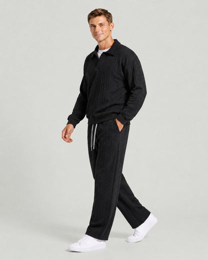 KZZ Men's Casual Sports Suit Jacquard Texture Long Sleeve Sweatshirt Set