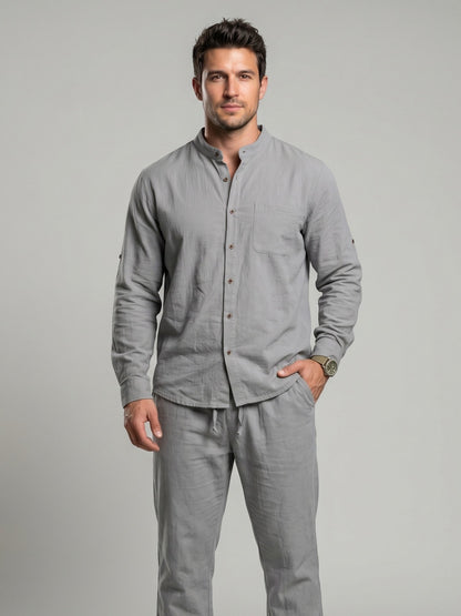 KZZ Men's Long-Sleeve Button-Down Shirt and Straight-Leg Drawstring Trousers Set