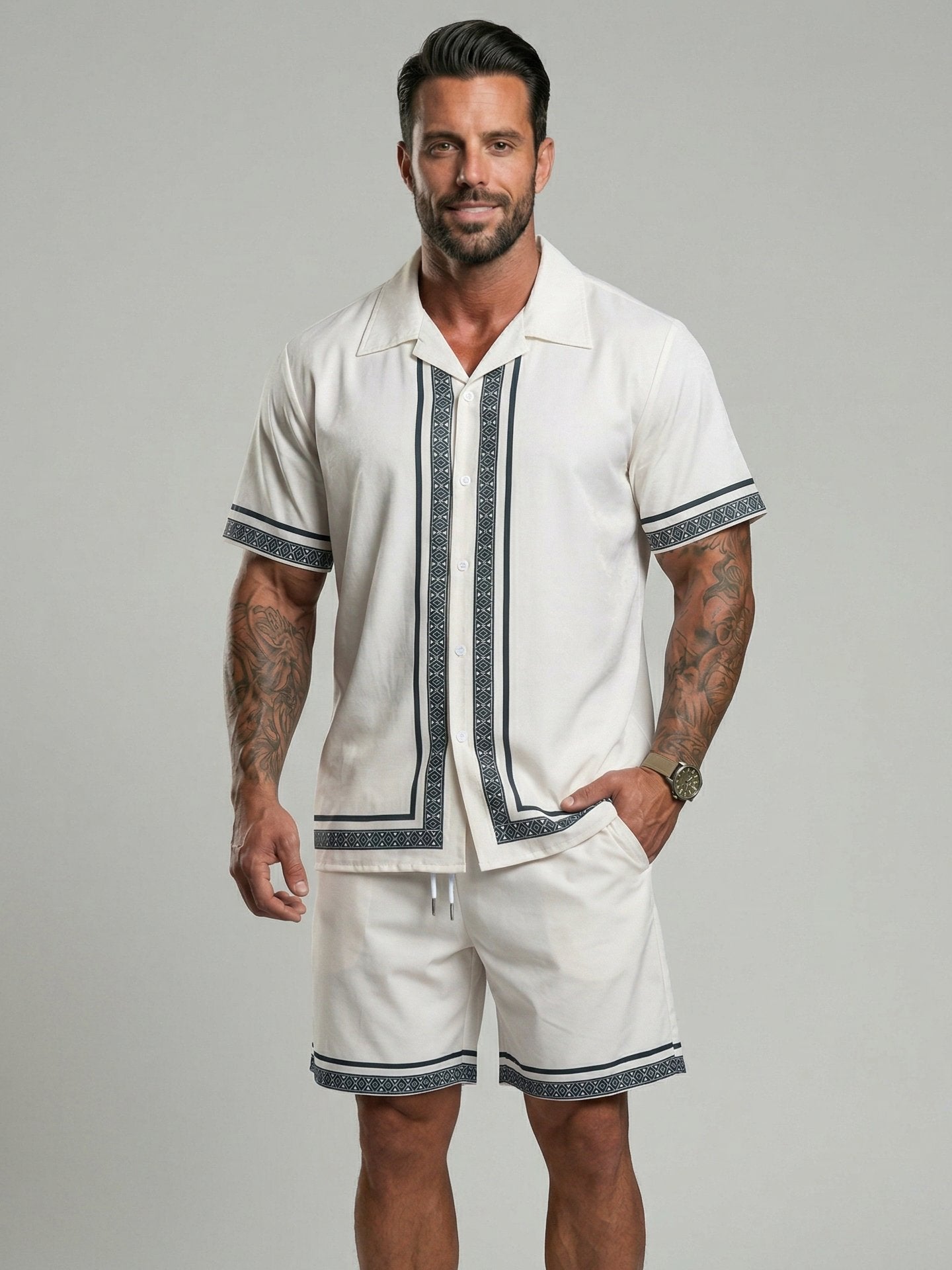 KZZ Casual Vacation Short-Sleeve Shirt and Shorts Set