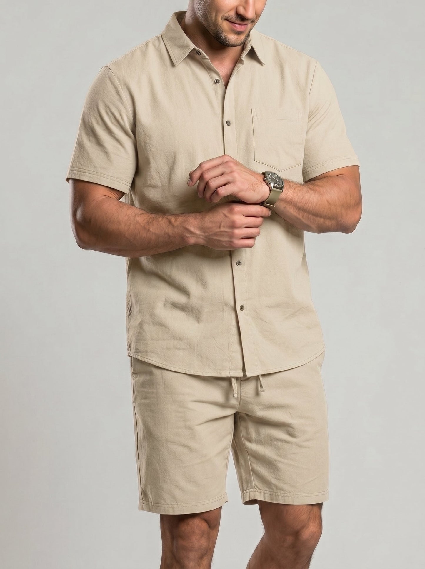KZZ Men's Solid-Color Linen Shirt and Shorts Set