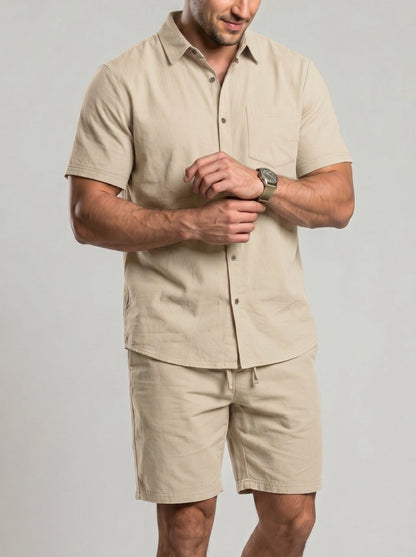 KZZ Men's Solid-Color Linen Shirt and Shorts Set