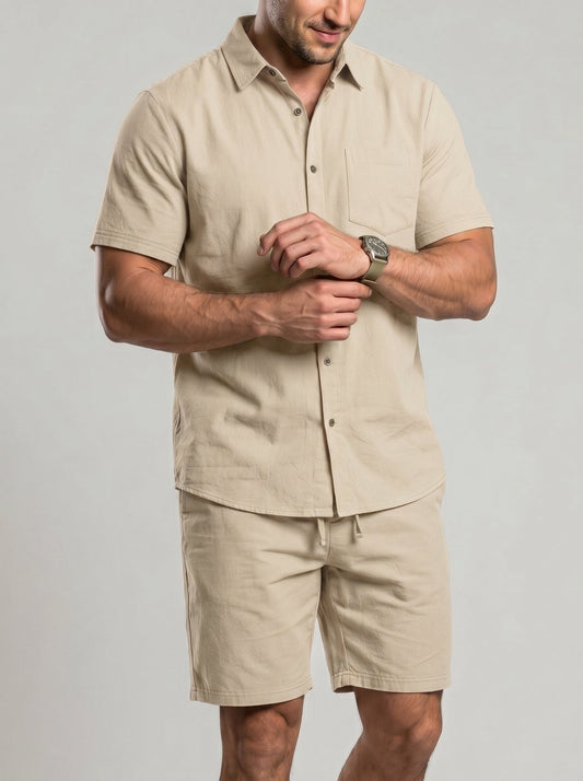 KZZ Men's Solid-Color Linen Shirt and Shorts Set