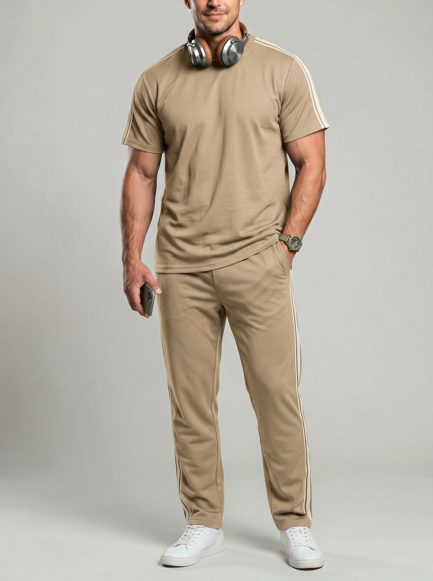 KZZ Men's Solid-Color T-Shirt and Drawstring-Waist Trousers Two-Piece Set