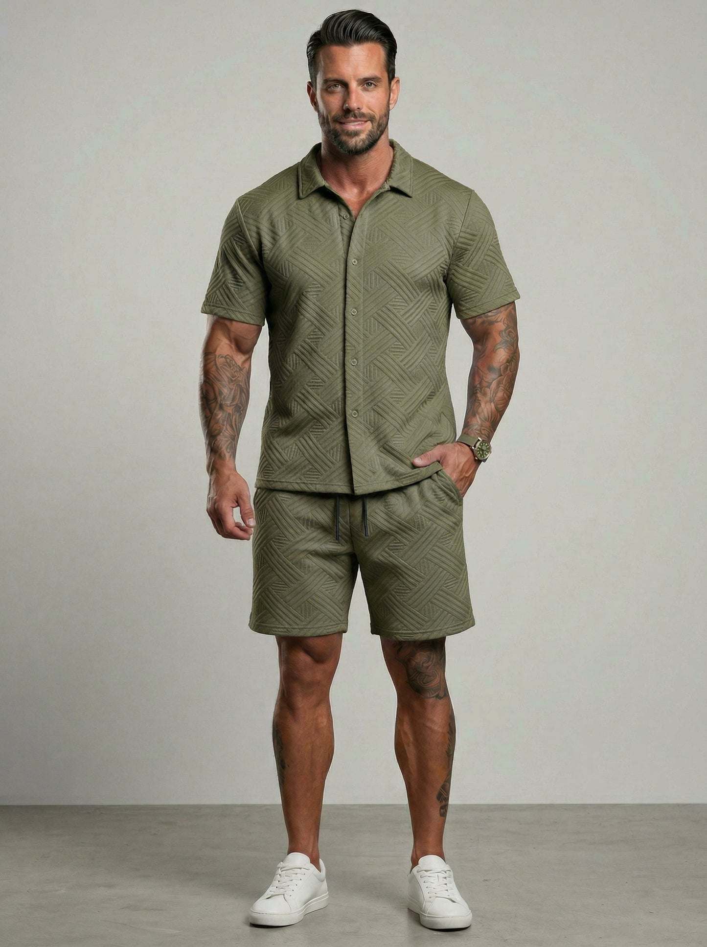 KZZ Short-sleeve button-down shirt and drawstring shorts