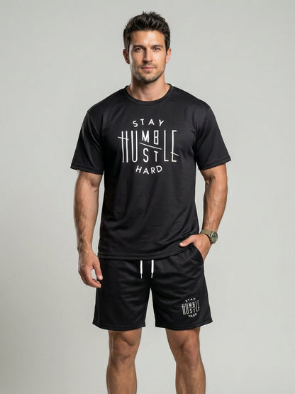 KZZ Men's  Letter Print Round Neck Shortsleeve Tee & Drawstring Waist Shorts Set