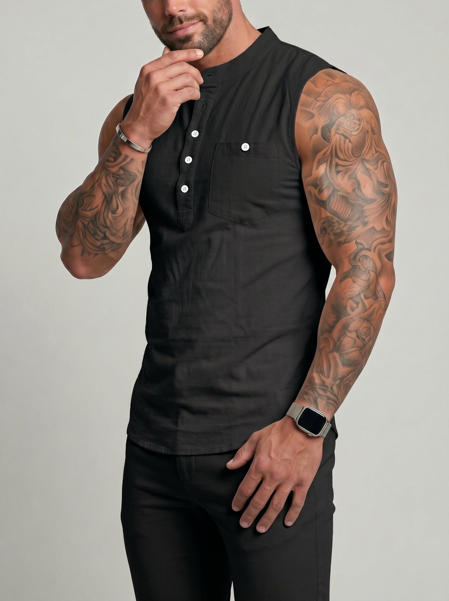 KZZ Men's Sleeveless Slim-Fit Casual Linen-Blend Shirt