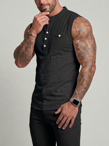 KZZ Men's Sleeveless Slim-Fit Casual Linen-Blend Shirt