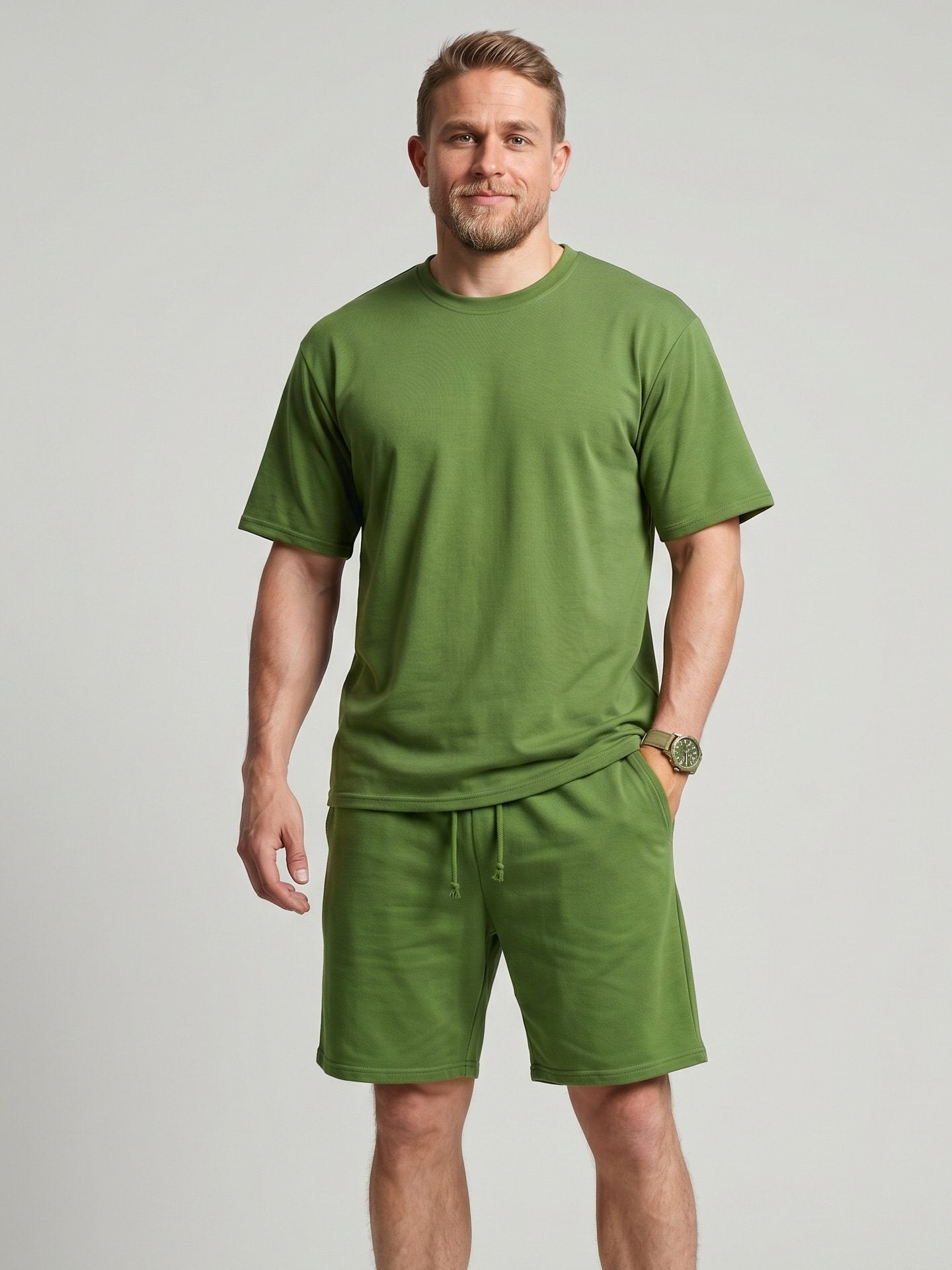 KZZ Solid-Color Crew-Neck T-Shirt and Shorts