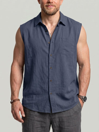 KZZ Men's Solid-Color Loose-Fit Linen Sleeveless Vest