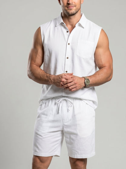 KZZ Casual-Chic Lapel Sleeveless Shirt and Shorts Set
