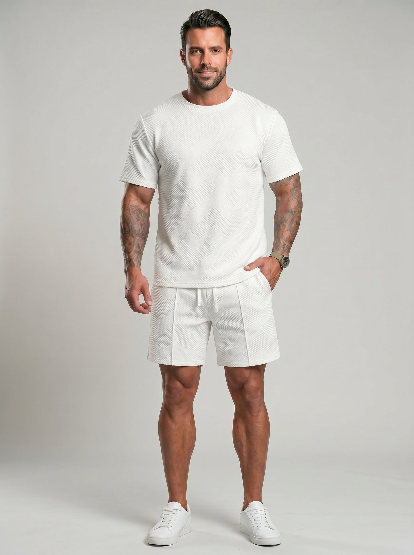 KZZ Men's Solid-Color Polo Shirt and Drawstring Shorts Set