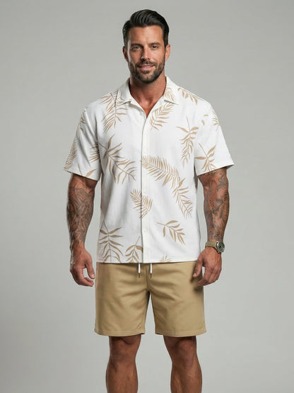 KZZ Men's Leaf Print Drawstring Waist Loose Shorts Set