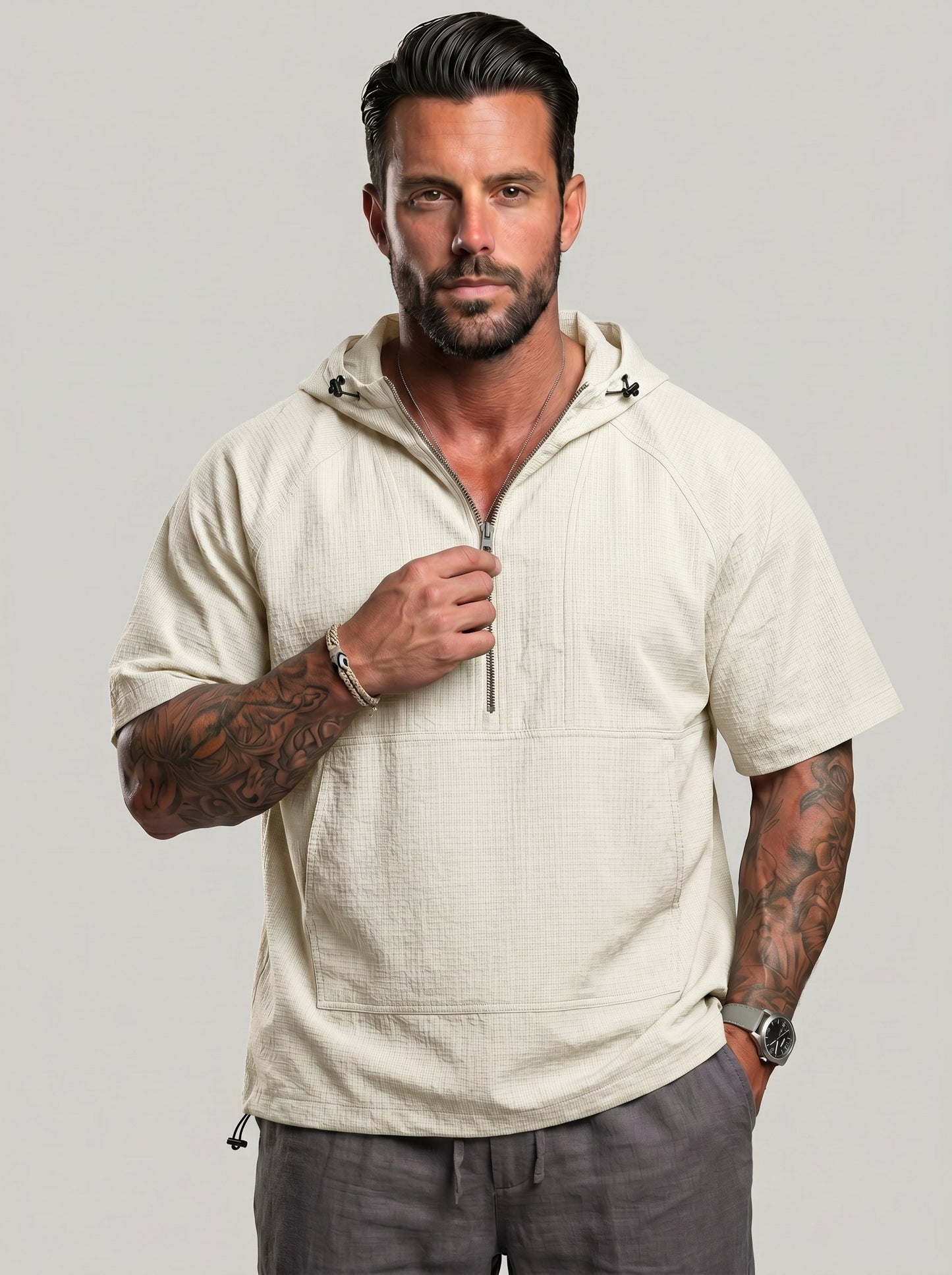 KZZ Trendy Half-Zip Short-Sleeve Top