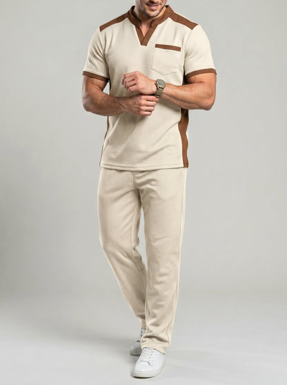 KZZ Men's Business Casual Color-Block Waffle-Knit V-Neck Short-Sleeve Shirt and Trousers Set