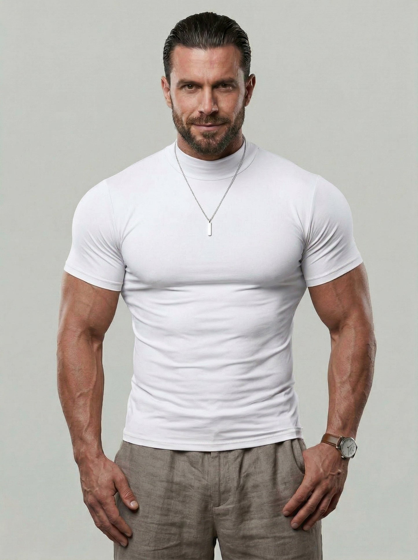 KZZ  Solid Color High Neck Tight-Fitting Short Sleeve T-Shirt