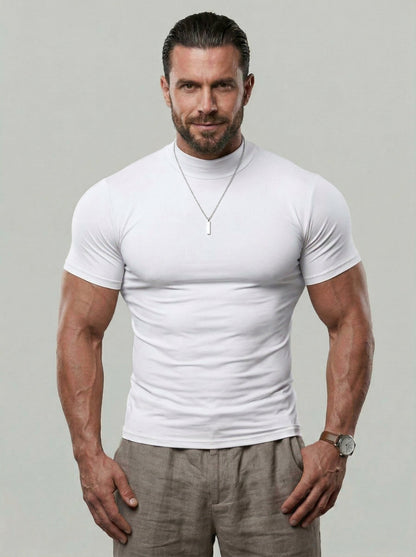 KZZ  Solid Color High Neck Tight-Fitting Short Sleeve T-Shirt