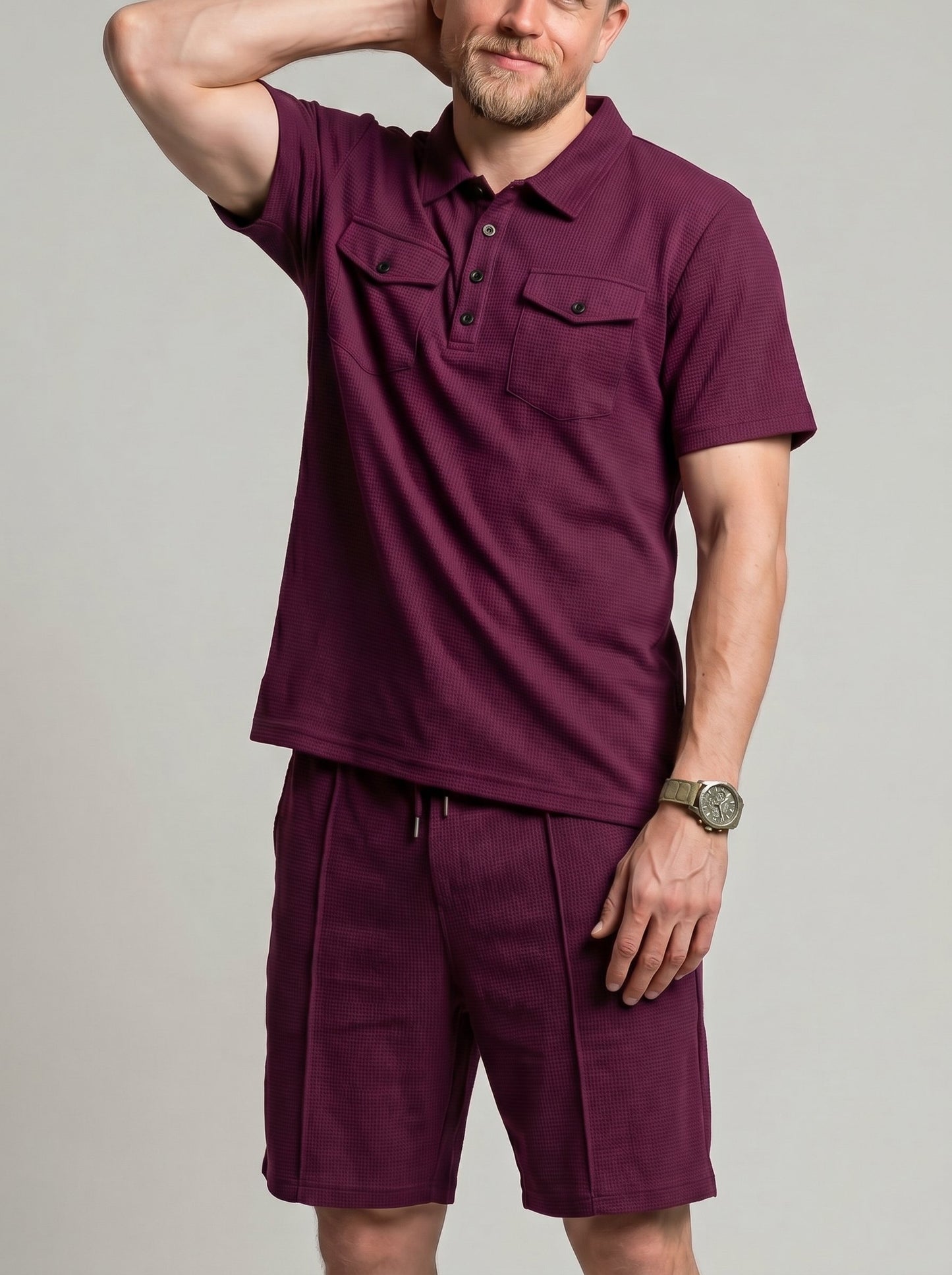 KZZ Men's Business-Casual Waffle-Knit Short-Sleeve Shirt and Shorts Set