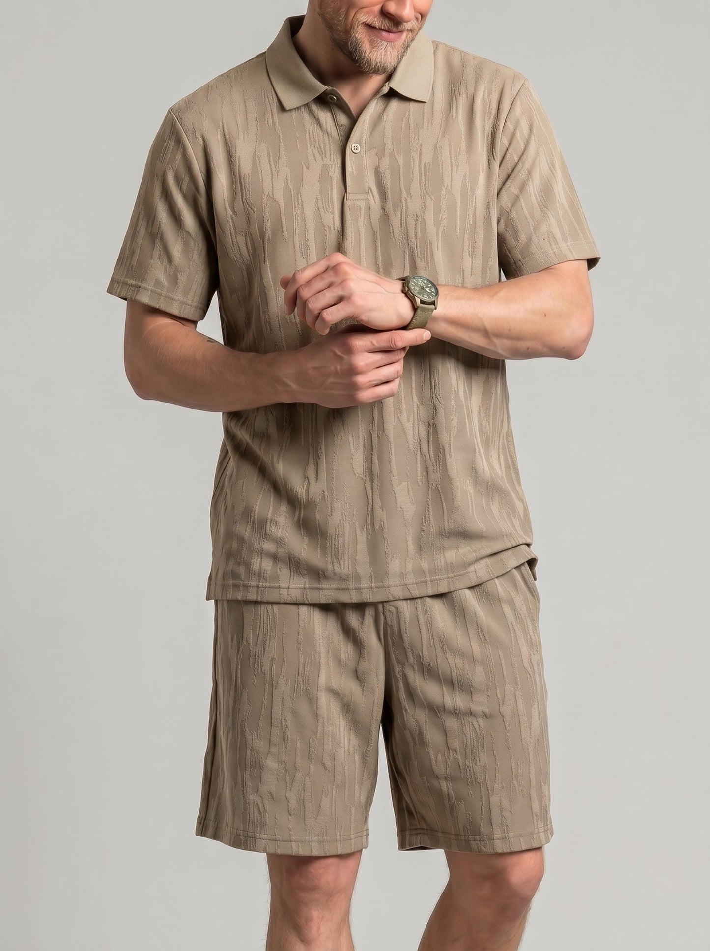 KZZ Men's Solid-Color Polo Shirt and Drawstring-Waist Shorts