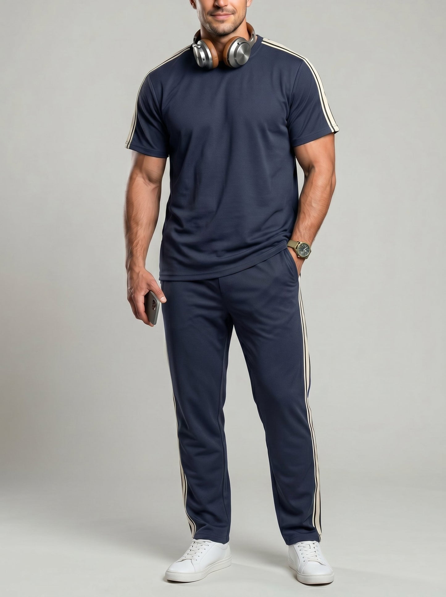 KZZ Men's Solid-Color T-Shirt and Drawstring-Waist Trousers Two-Piece Set