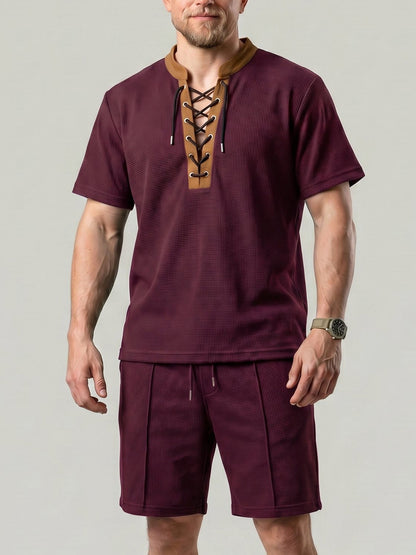 KZZ Men's Solid-Color Short-Sleeve Lace-Up Shirt and Shorts