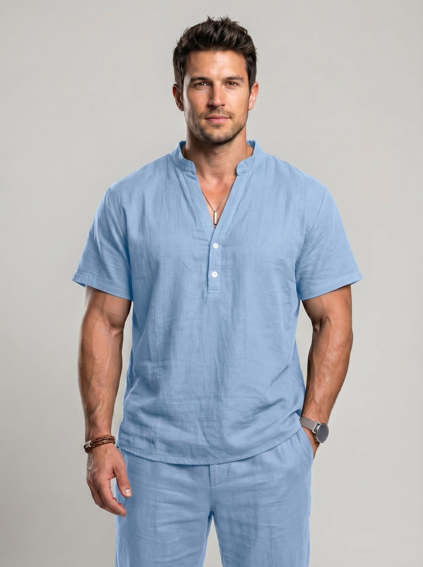 KZZ Men's Summer Short-Sleeve Linen Shirt