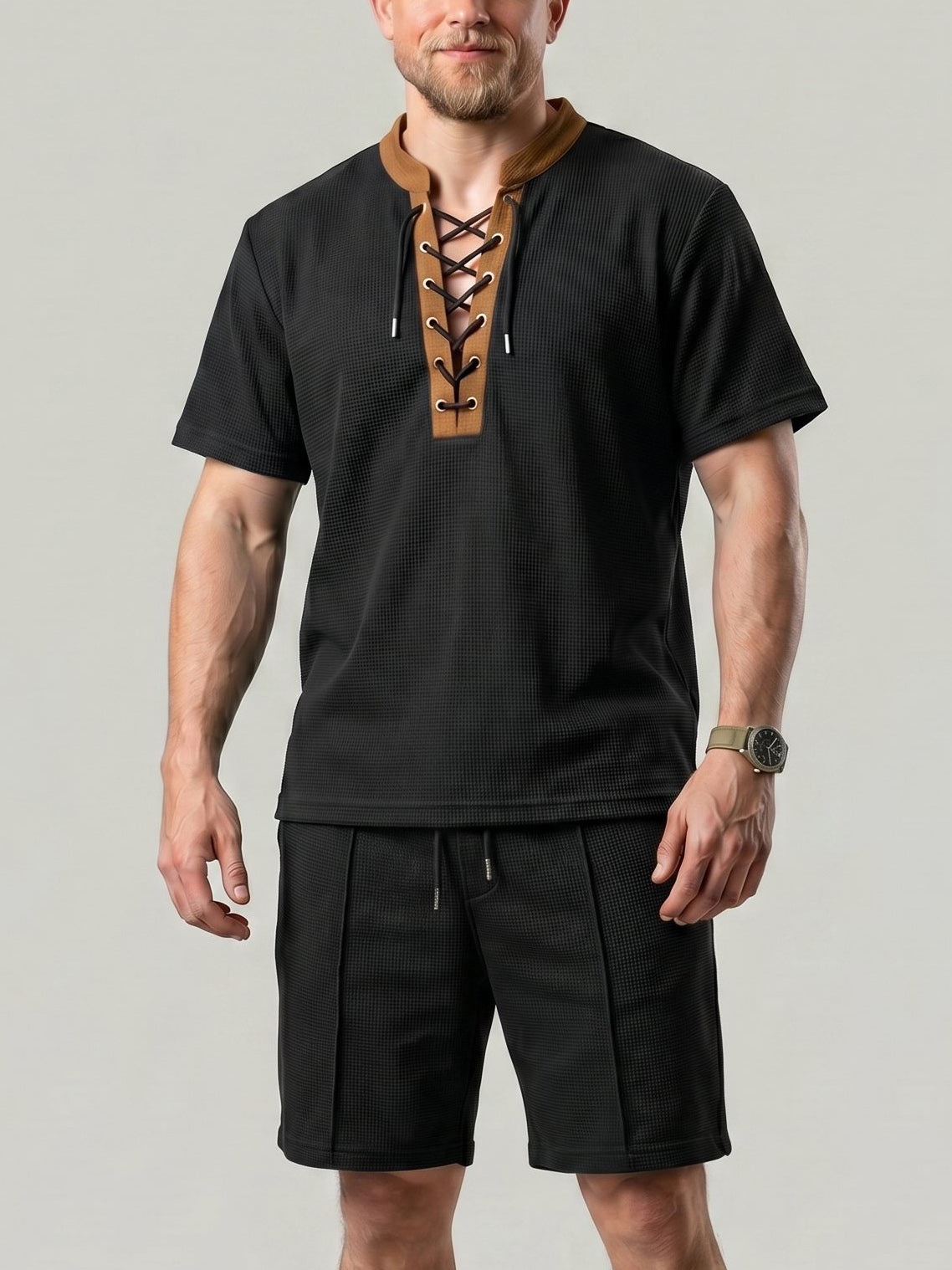 KZZ Men's Solid-Color Short-Sleeve Lace-Up Shirt and Shorts