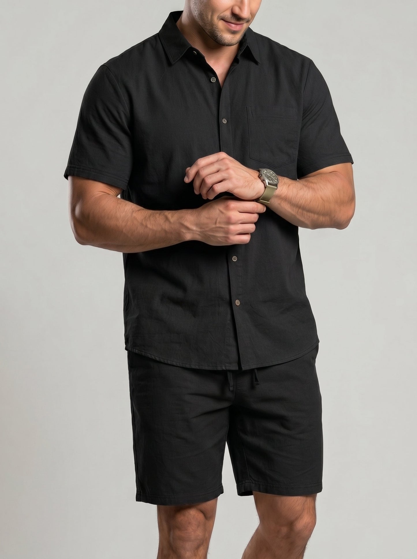 KZZ Men's Solid-Color Linen Shirt and Shorts Set