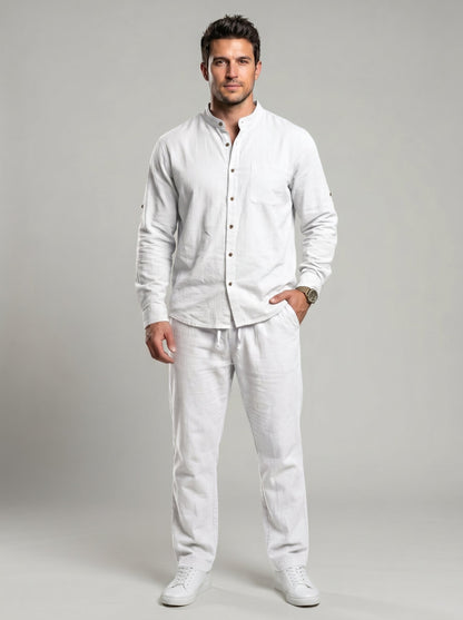 KZZ Men's Long-Sleeve Button-Down Shirt and Straight-Leg Drawstring Trousers Set
