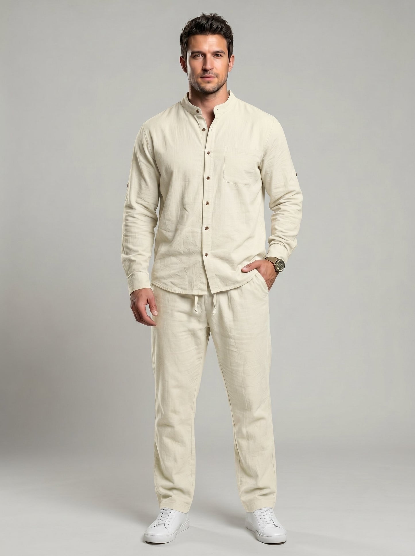 KZZ Men's Long-Sleeve Button-Down Shirt and Straight-Leg Drawstring Trousers Set