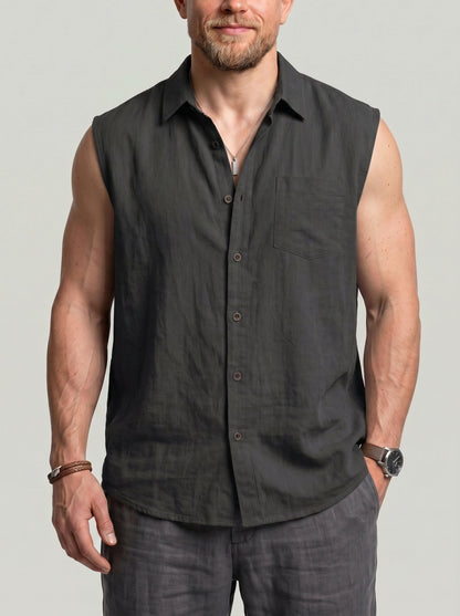 KZZ Men's Solid-Color Loose-Fit Linen Sleeveless Vest