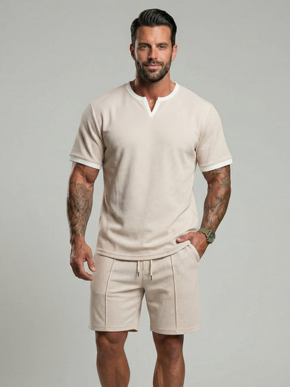 KZZ Men's Business Casual Sport Solid Color V-Neck Short Sleeve Shorts Set