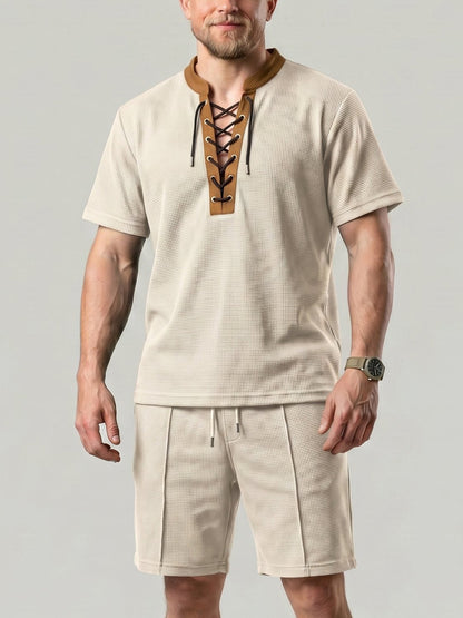 KZZ Men's Solid-Color Short-Sleeve Lace-Up Shirt and Shorts