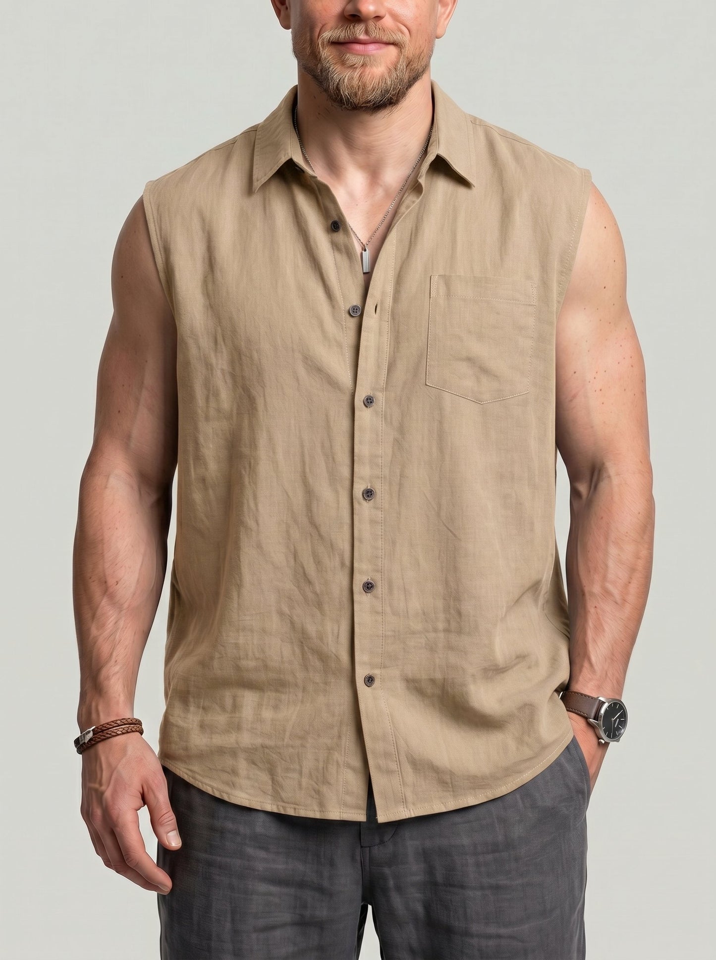 KZZ Men's Solid-Color Loose-Fit Linen Sleeveless Vest