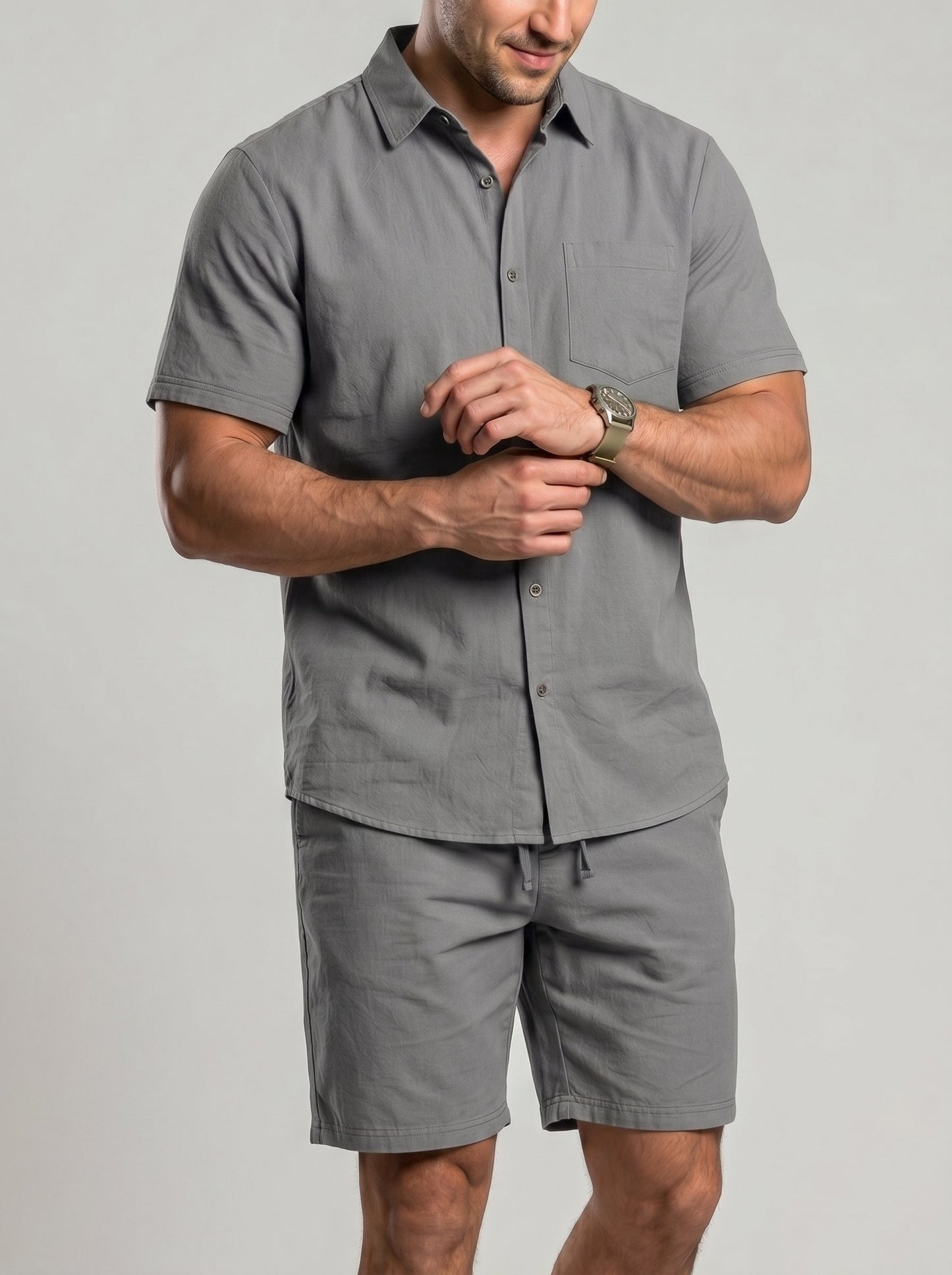 KZZ Men's Solid-Color Linen Shirt and Shorts Set