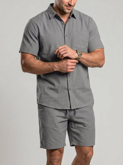 KZZ Men's Solid-Color Linen Shirt and Shorts Set