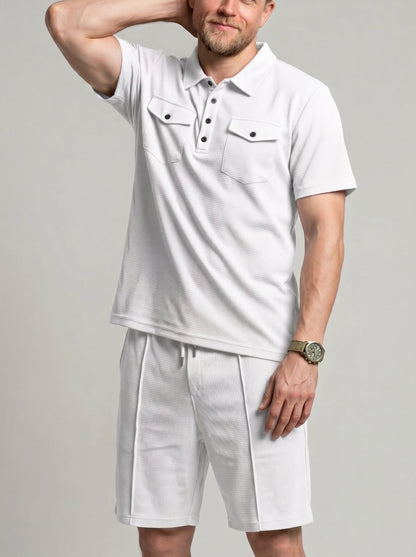 KZZ Men's Business-Casual Waffle-Knit Short-Sleeve Shirt and Shorts Set