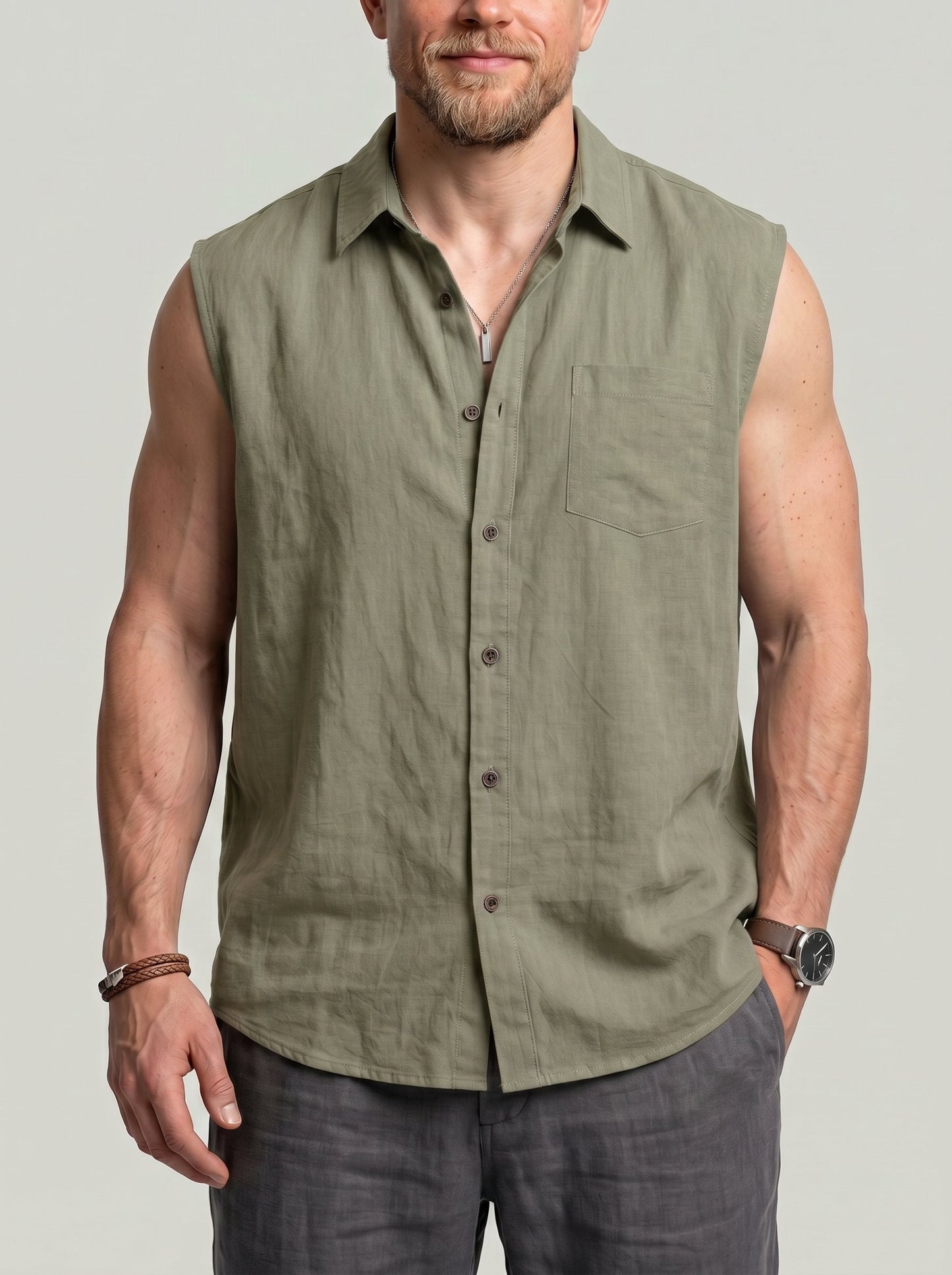 KZZ Men's Solid-Color Loose-Fit Linen Sleeveless Vest