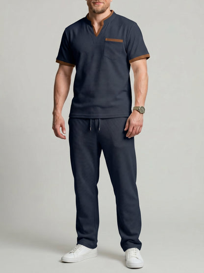 KZZ Men's Casual Athletic Color-Block Waffle-Knit Set