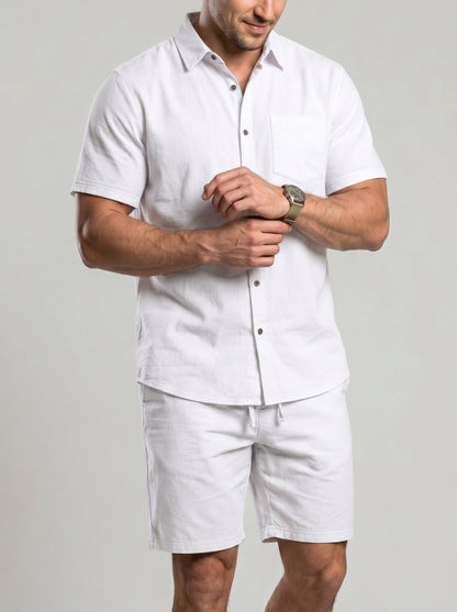 KZZ Men's Solid-Color Linen Shirt and Shorts Set