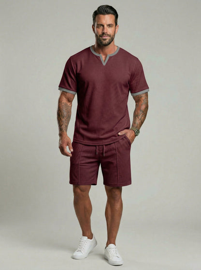 KZZ Men's Business Casual Sport Solid Color V-Neck Short Sleeve Shorts Set