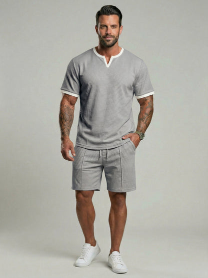 KZZ Men's Business Casual Sport Solid Color V-Neck Short Sleeve Shorts Set