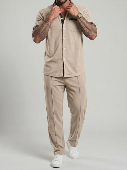 KZZ Color-block Waffle-knit Short-sleeve Top & Pants Set