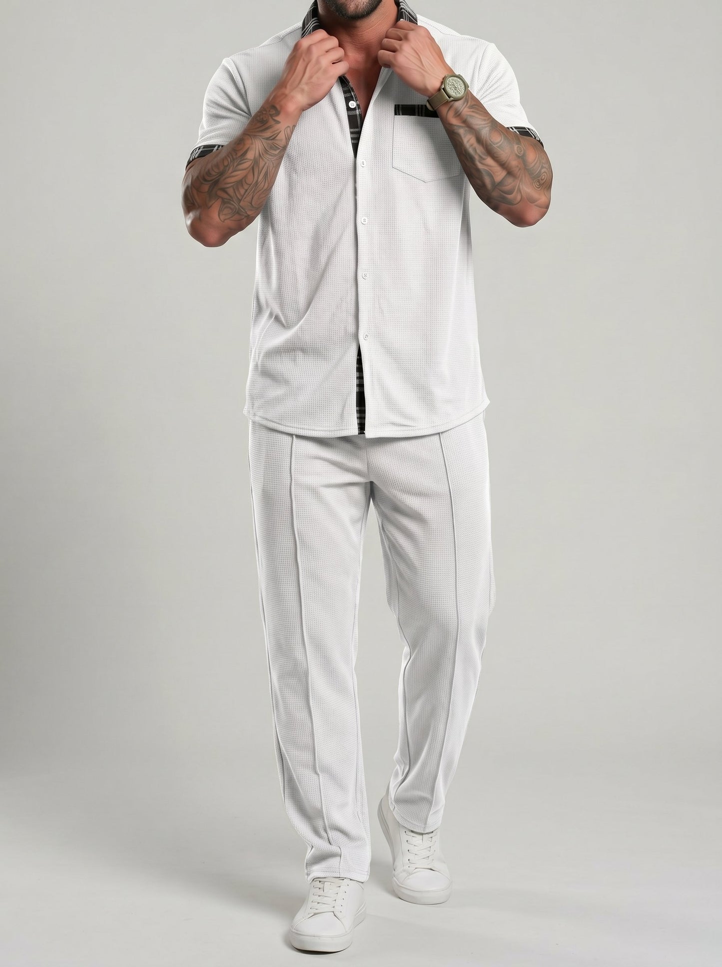 KZZ Color-block Waffle-knit Short-sleeve Top & Pants Set