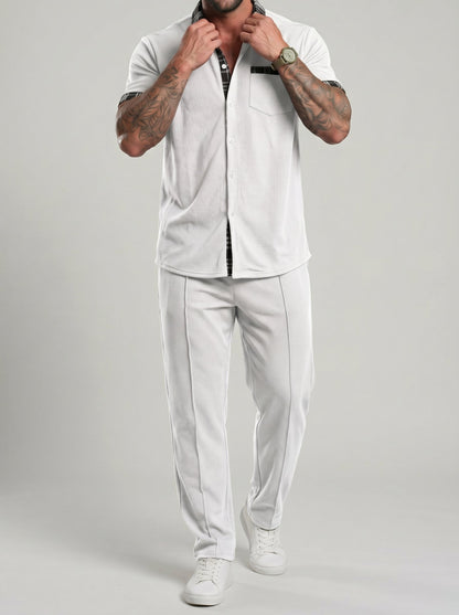 KZZ Color-block Waffle-knit Short-sleeve Top & Pants Set