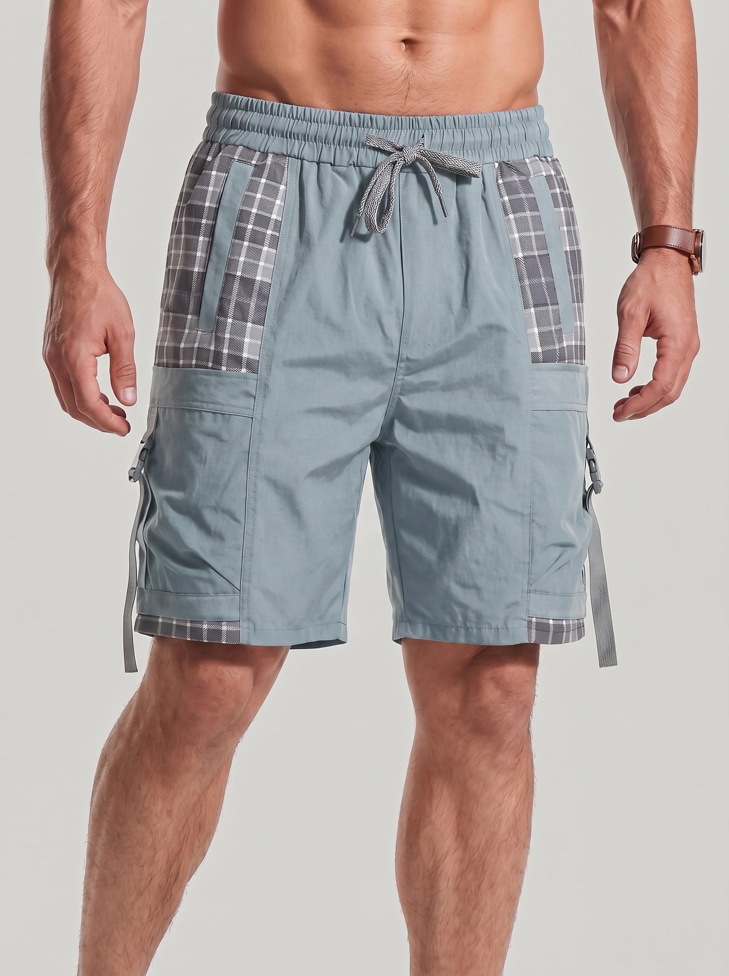 KZZ Men's Summer Plaid-Paneled Casual Shorts
